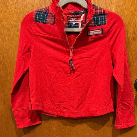 Vineyard Vines Kids Red Quarter-Zip Hoodie with Plaid Accents - Picture 1 of 5